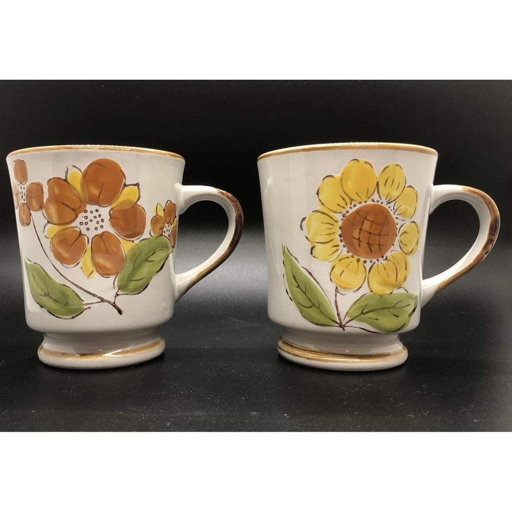 Pair of Vtg Norleans Korea Stoneware Footed Coffee Tea Mug Cup with Flowers